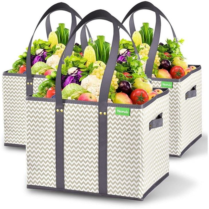 3Pk Reusable Grocery Bags, Foldable Shopping Box Bags For Groceries With Reinforced Bottom 3Pk Reusable Grocery Bags, Foldable Shopping Box Bags For Groceries With Reinforced Bottom